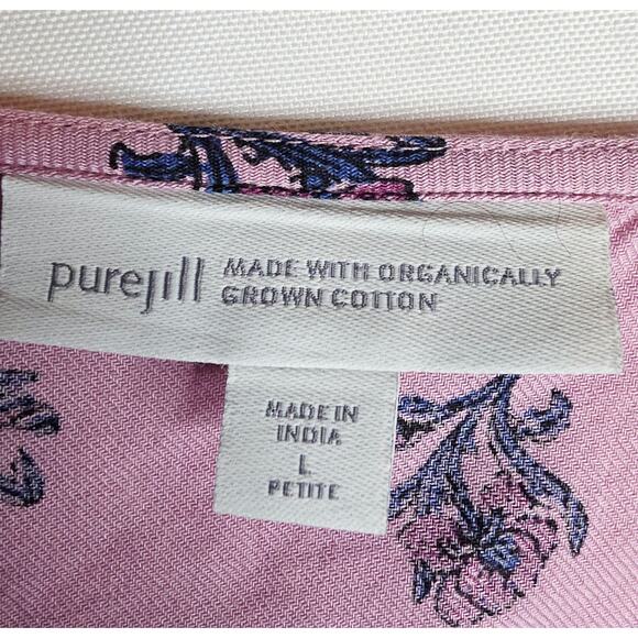 PureJill L Petite Organic Cotton Pink n blue floral Seashell Buttondown blouse - Picture 3 of 14
